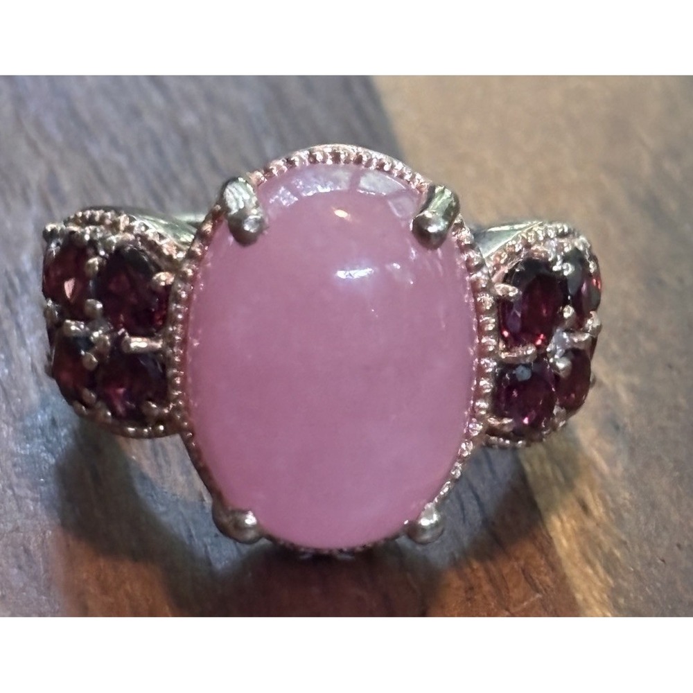 STS Sterling Silver Pink Jade & Rhodolite Garnet Statement Ring Size 7.25